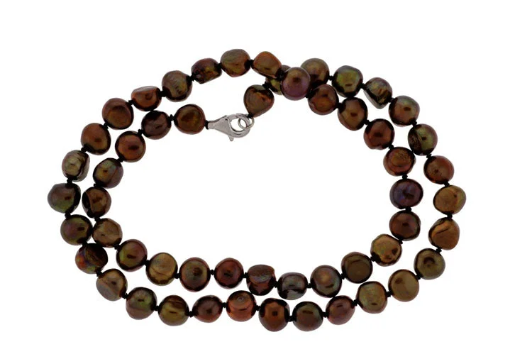 women adjustable necklaces -18" Knotted Chocolate Flat Pearl Necklace (SKU: 190286)