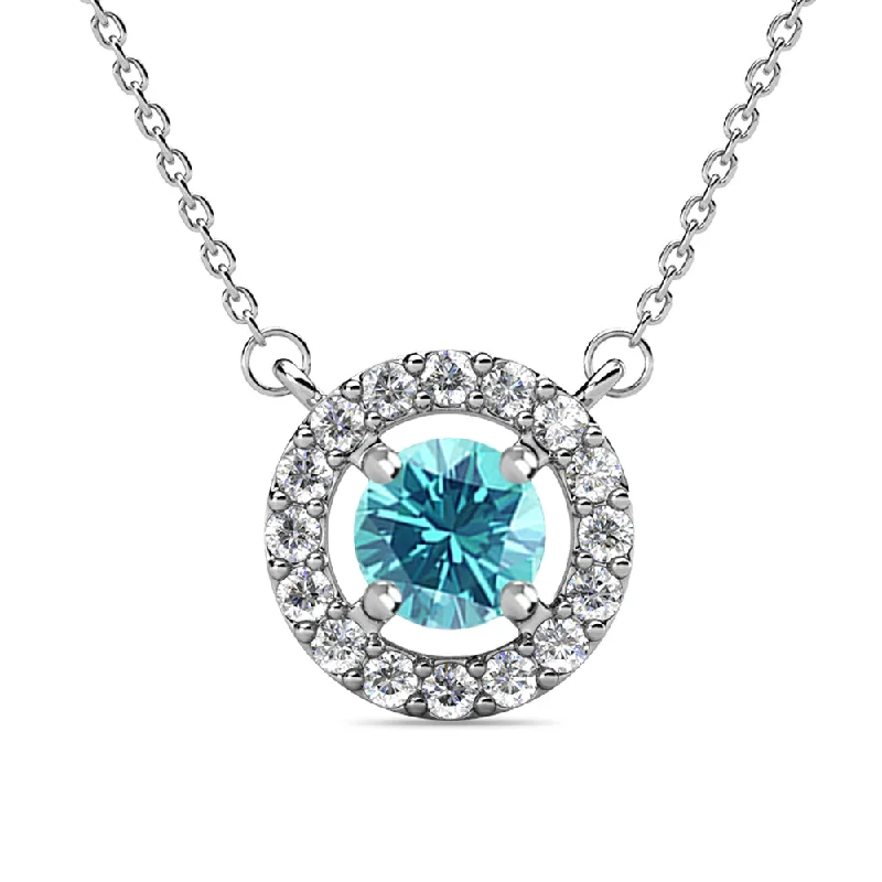 women statement necklaces -Royal 18k White Gold Plated March Birthstone Halo Necklace with Round Cut Aquamarine Swarovski Crystals