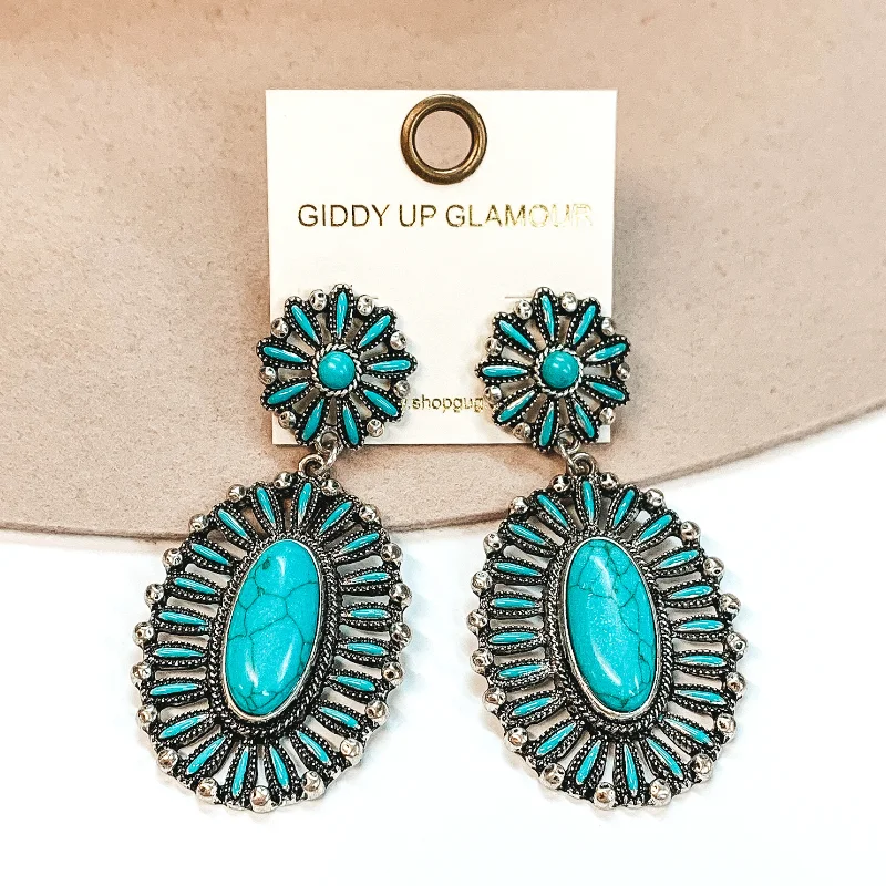 women delicate stud earrings -Oval Cluster Drop Earrings with Large Center Stone in Turquoise