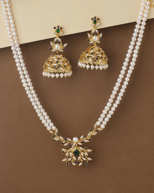 women cross necklaces -Beautiful Floral Pearl Necklace With Elegant Jhumka Set