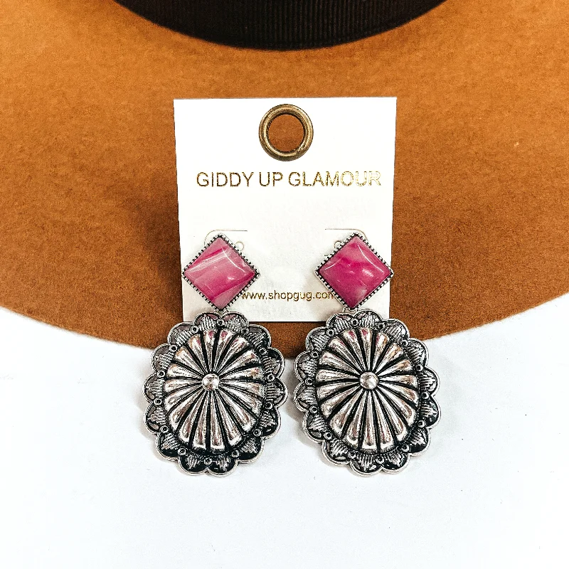 women statement chandelier earrings -Moonstruck Silver Tone Concho Drop Earrings with Agate Stone Post in Pink