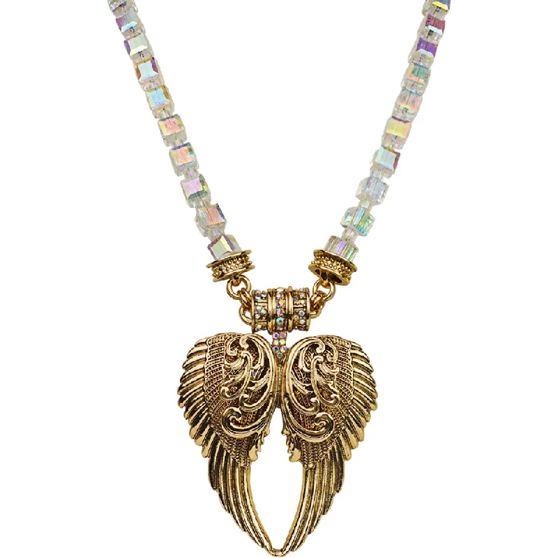 women gemstone necklaces -Angel Wing Magnetic Enhancer And Crystal Necklace Set (Antique Goldtone)