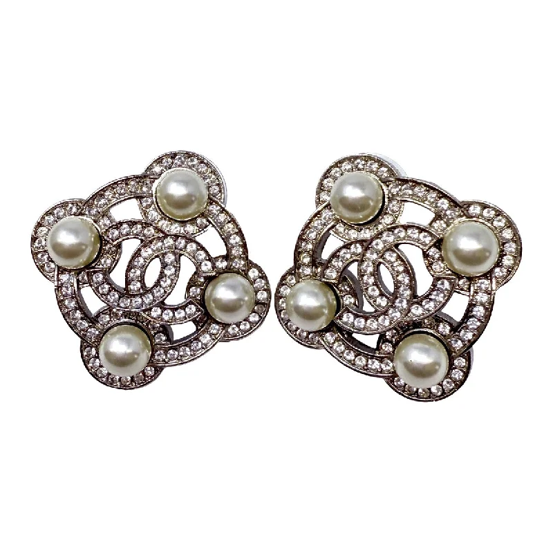 women silver-plated earrings -Chanel 2016  Faux Pearl & Strass CC Logo Earrings