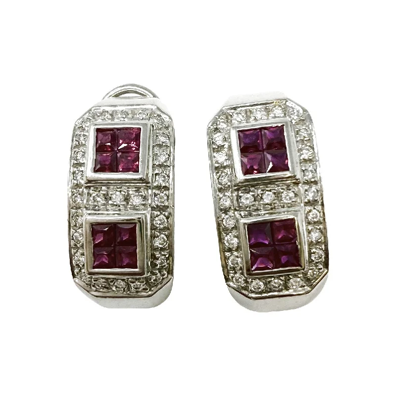 Stud earrings for women -14K White Gold Huggie Earrings with Ruby and Diamonds