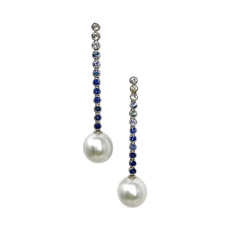 women custom-made earrings -18K White Gold Drop Earrings with Sapphire and South Sea Pearl