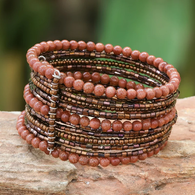 women trendy stackable bangles and bracelets -Novica Handmade Tantalizing Brown Beaded Cuff Bracelet