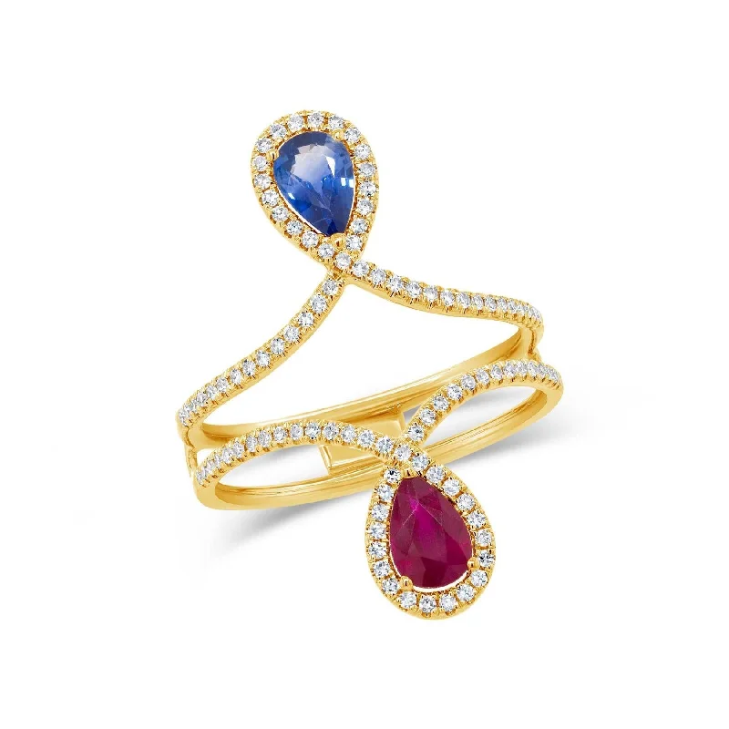 women floral charm engagement rings -14KT GOLD 0.30 CTW DIAMOND & 0.99 CTW RUBY & BLUE SAPPHIRE RING