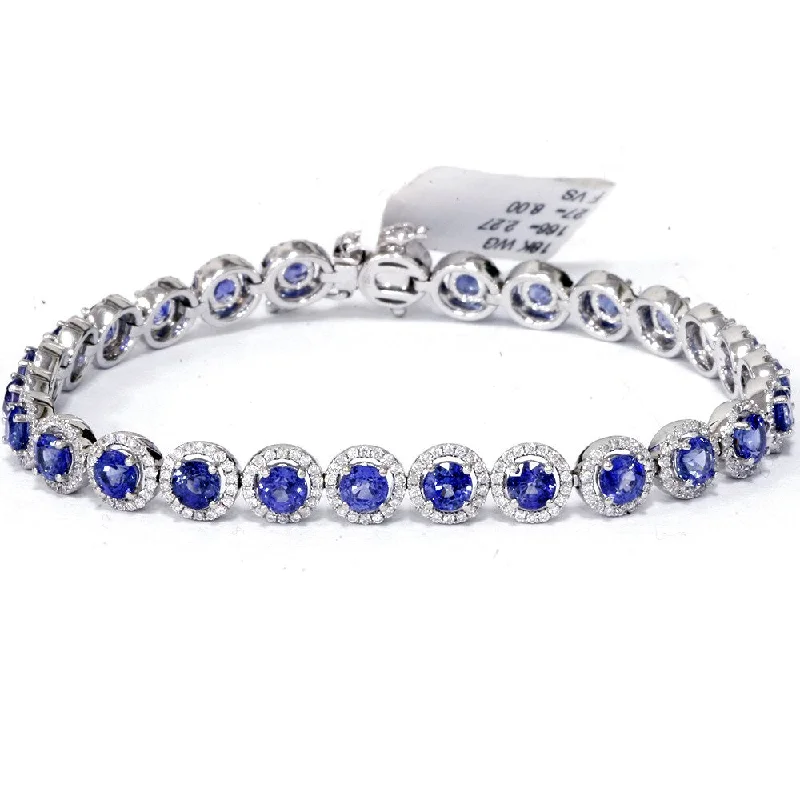 women gemstone bangles and bracelets set -18K White Gold 10 1/4 ct TW Blue Sapphire & Diamond Micro Pave Halo Tennis Bracelet (F-G,VS1-VS2)