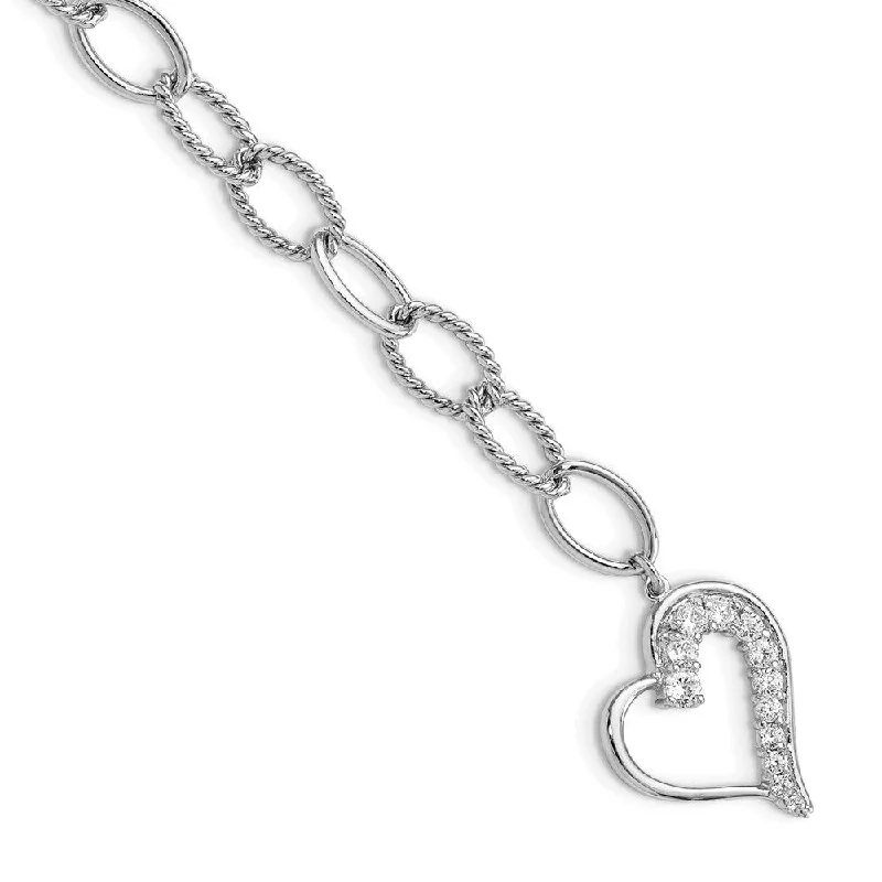 women cuff bangles and bracelets -925 Sterling Silver Rhodium Plated Journey Heart Cubic Zirconia Dangle Bracelet, 7.5"