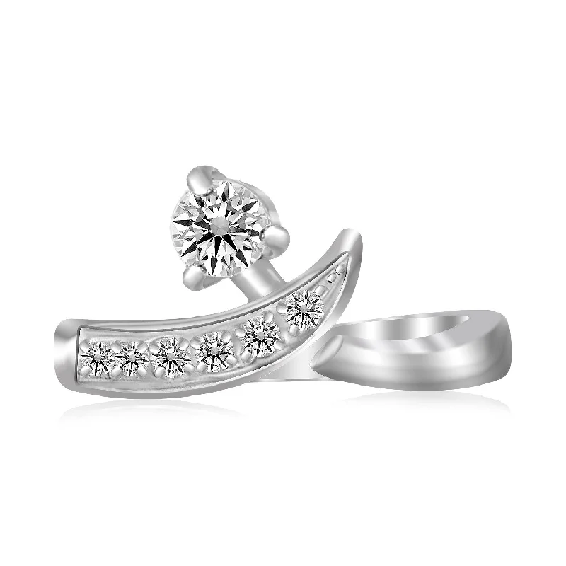 women vintage charm engagement rings -Sterling Silver Rhodium Plated Crossover Cubic Zirconia Accented Toe Ring