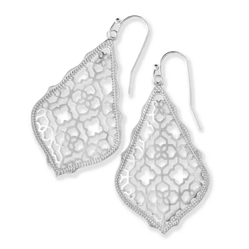 women heart-shaped earrings -Kendra Scott | Addie Silver Drop Earrings in Silver Filigree Mix