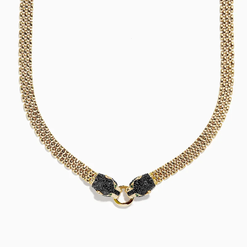 women statement necklaces -Signature 14K Gold Black Diamond and Emerald Panther Necklace, 1.27