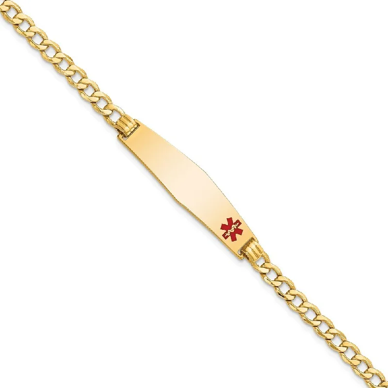 women vintage charm bangles and bracelets -14k Yellow Gold 8.5mm Semi-solid Medical Soft Diamond Shape Red Enamel Curb Link ID Bracelet, 7"