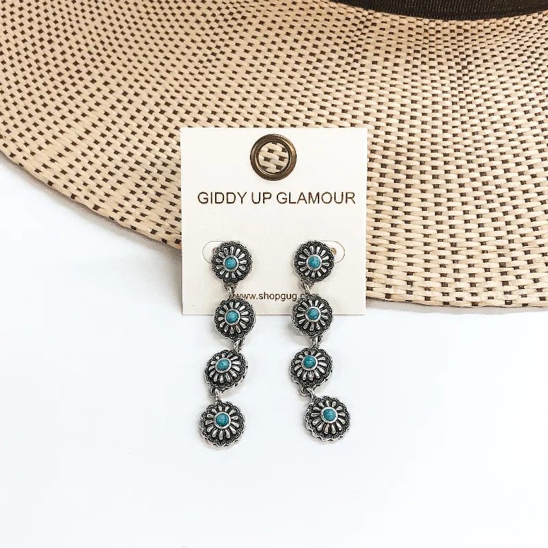 women pearl hoop earrings -Small Western Flower Concho Drop Earrings with Turquoise Stones in Silver