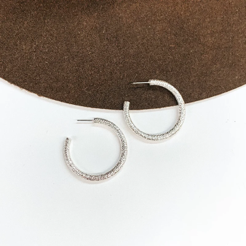 women crescent moon earrings -Textured Medium Sized Hoop Earrings in Silver