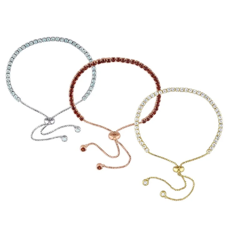 women beaded charm bangles and bracelets -Miadora 3-Tone Sterling Silver White Topaz Sky-Blue Topaz Garnet 3 Pc. Bolo Bracelet Set