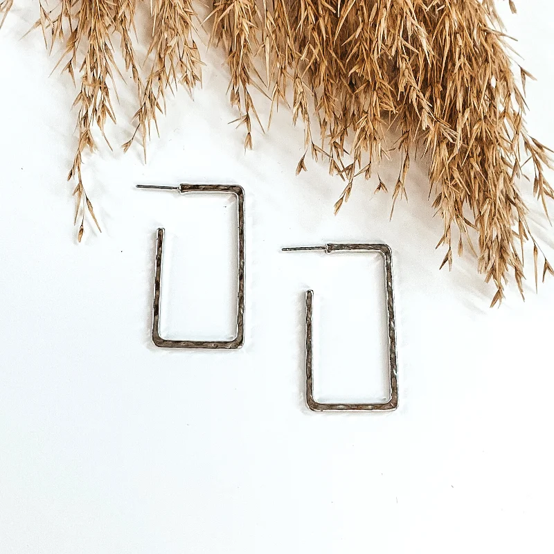 women gold drop earrings -Large Hammered Rectangle Hoops in Silver