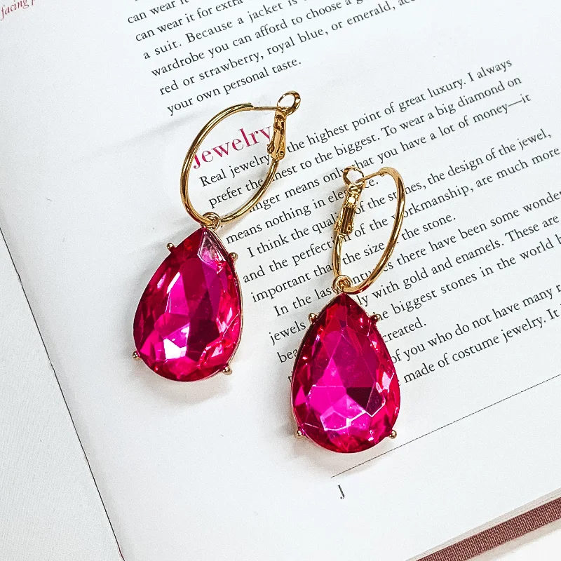 women dangling gemstone earrings -Pink Panache | Small Gold Tone Hoop Earrings with Large Fuchsia Teardrop Crystals