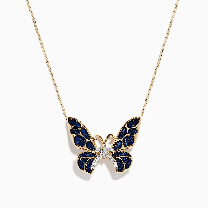 women large statement necklaces -Nature 14K Gold Blue Sapphire and Diamond Butterfly Necklace