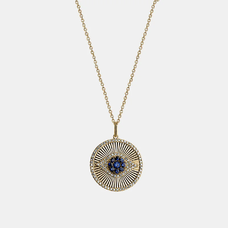 women gold pendant necklaces -Diamond Blue Sapphire Fluted Evil Eye Necklace