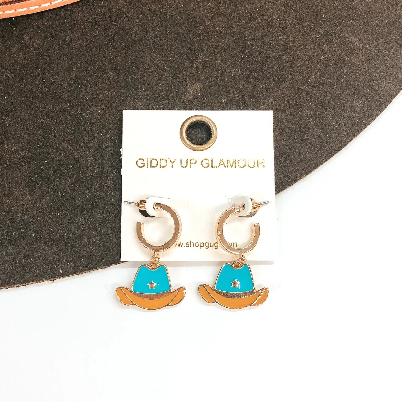 women gold stud earrings -Gold Tone Hoop Huggie Earrings with Hanging Hat Pendant in Turquoise