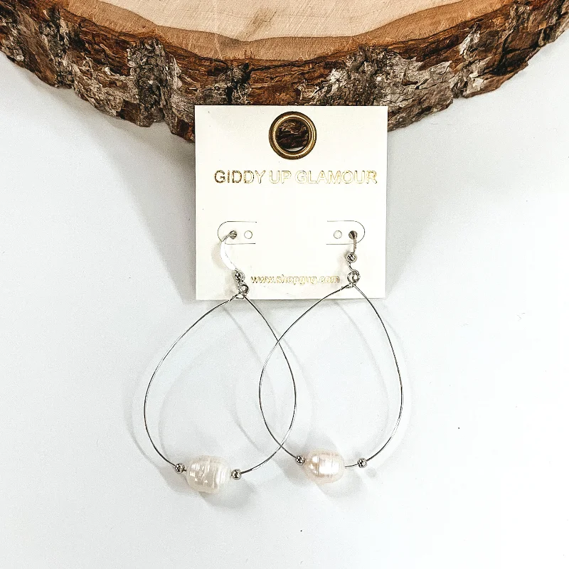 women statement gemstone earrings -Thin Wired Teardrop earrings with Pearl Charm in Silver