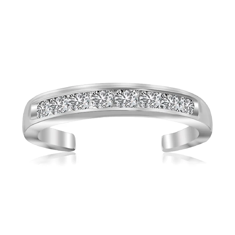 women beaded engagement rings -Sterling Silver Rhodium Finished Toe Ring with White Tone Cubic Zirconia Accents