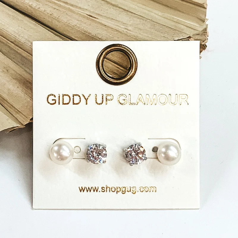 women dangly earrings -Clear Crystal and Pearl 2 Piece Stud Earring Set in Silver Tone