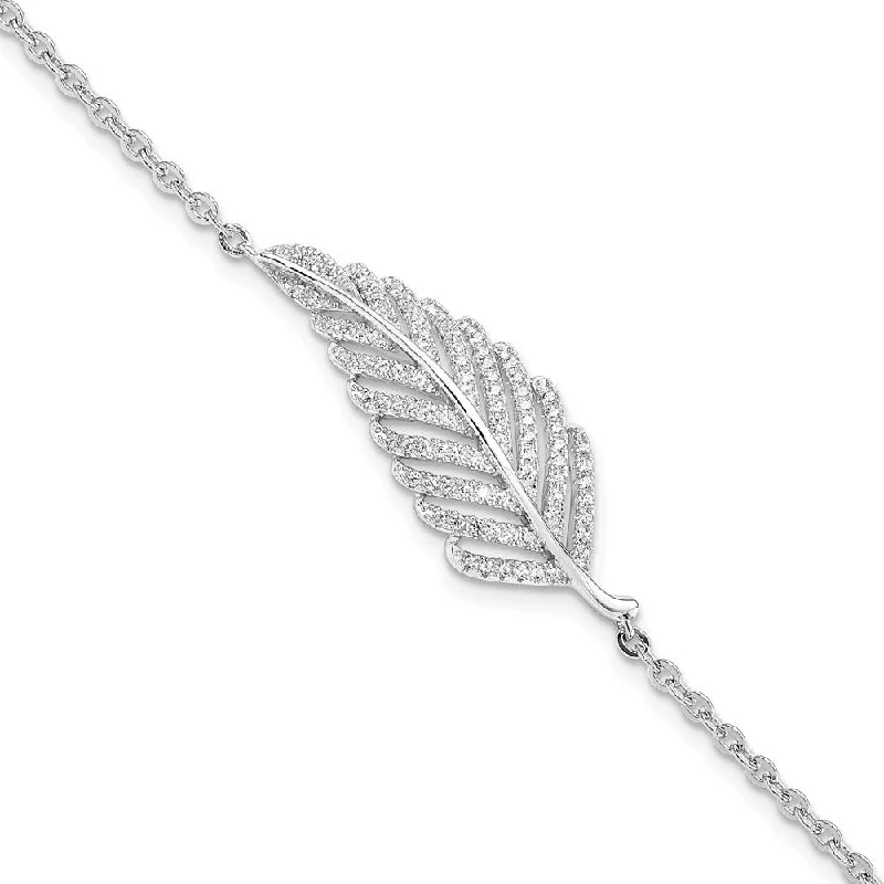 women double-layered bangles and bracelets -925 Sterling Silver Brilliant Embers Rhodium-plated Cubic Zirconia Feather Bracelet, 7" w/1in Extender