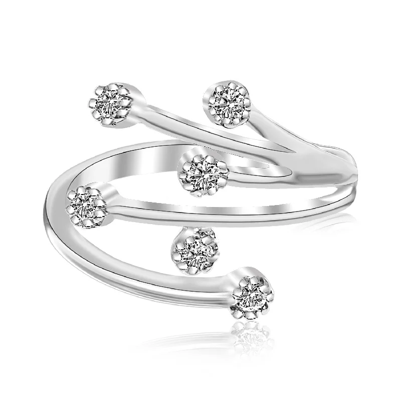 women adjustable bangle engagement rings -Sterling Silver Rhodium Finished White Cubic Zirconia Embellished Toe Ring