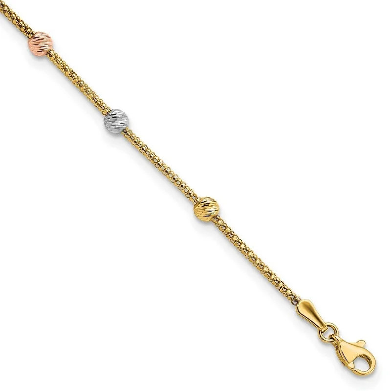 women pearl and gold bangles and bracelets -Curata 14k Tri color Gold Sparkle Cut 7 station Bead and Chain Bracelet 7.25 Inch