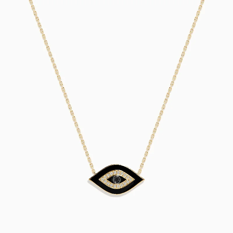 women trendy necklaces -Novelty 14K Yellow Gold Black Enamel and White Diamond Evil Eye Necklace