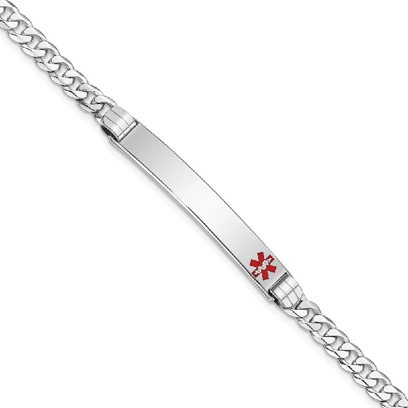 women classic bangle bracelets -14k White Gold 6.5mm Medical Red Enamel Flat Curb Link ID Bracelet, 7"