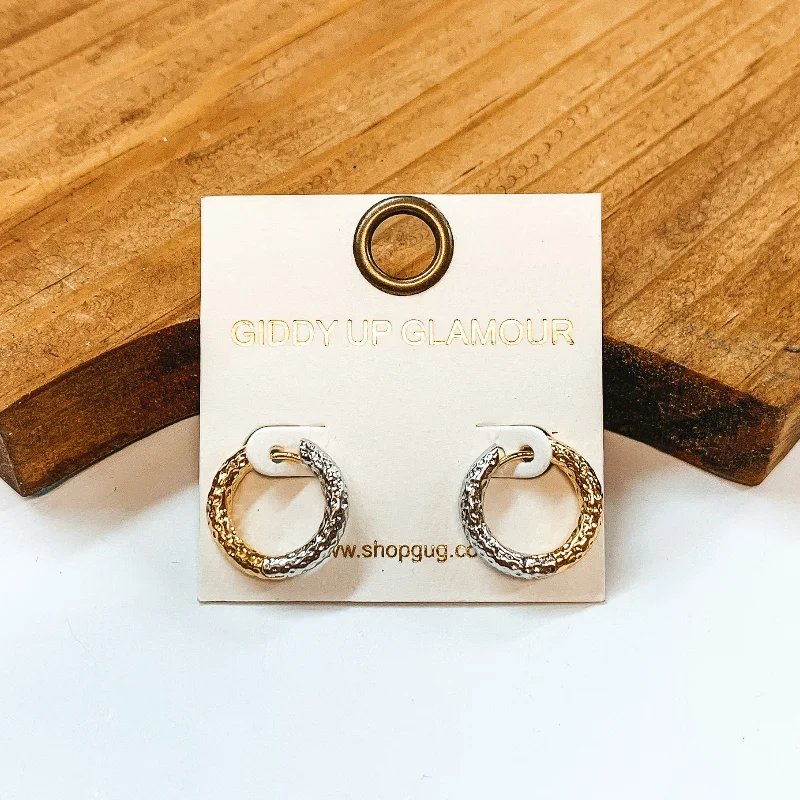 women hoop earrings with diamonds -Mini Hammered Textured Hoop Earrings in Silver and Gold