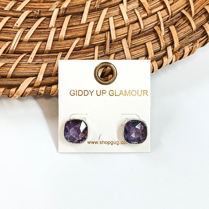 women rose gold earrings -Silver Tone Square Stud Earrings with Crystals in Purple