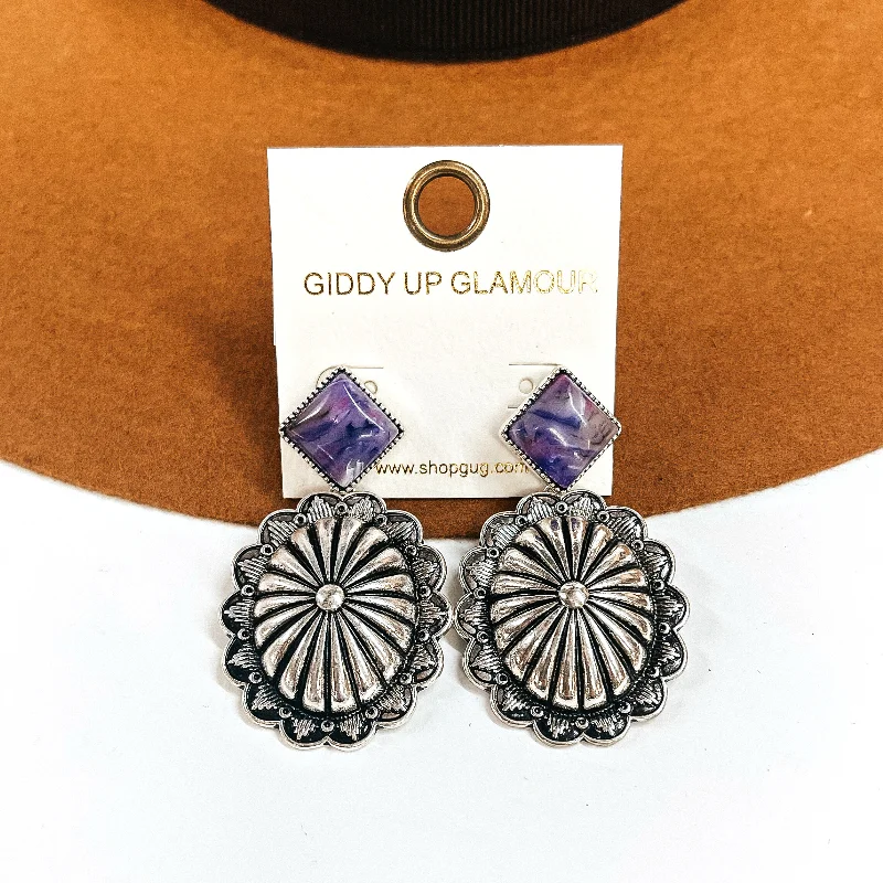 women pearl and diamond earrings -Moonstruck Silver Tone Concho Drop Earrings with Agate Stone Post in Purple