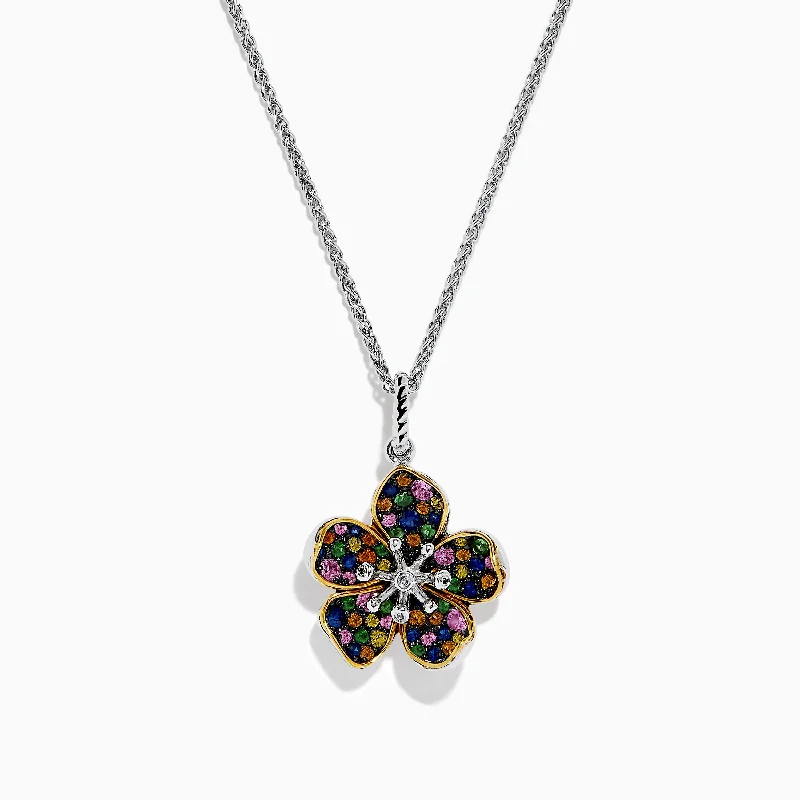 women chunky necklaces -Splash Sterling Silver Diamond, Sapphires & Tsavorite Flower Necklace