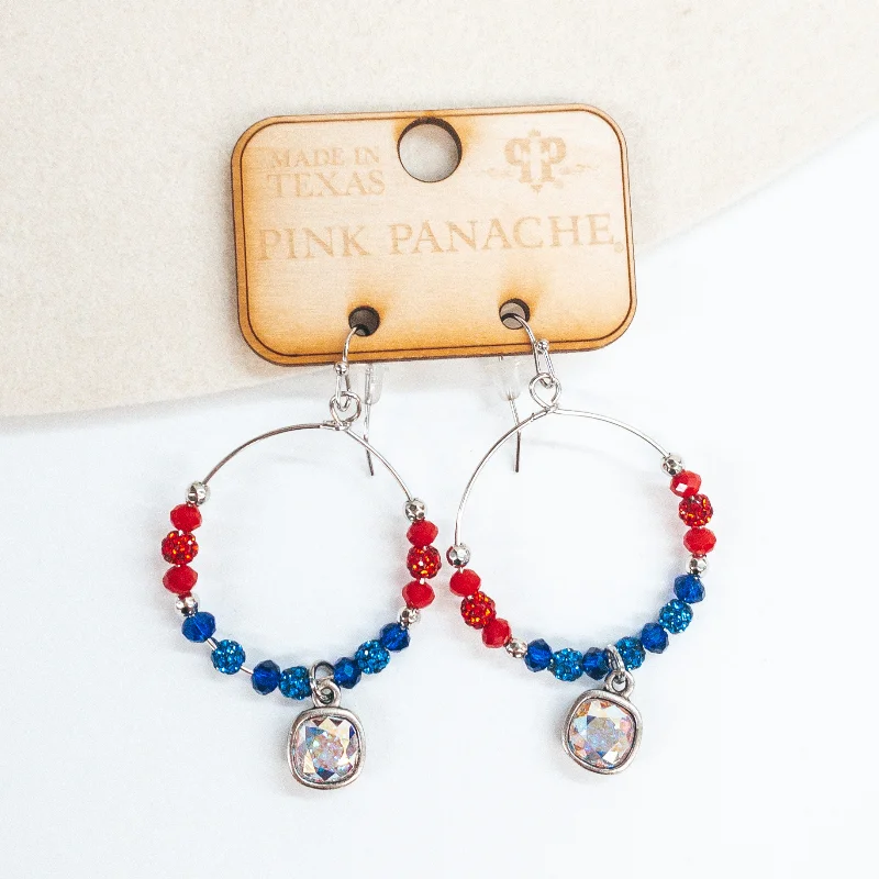 women oval earrings -Pink Panache | Silver Hoop Earrings with Red, White, and Blue Crystalized Beads with Hanging AB Crystal