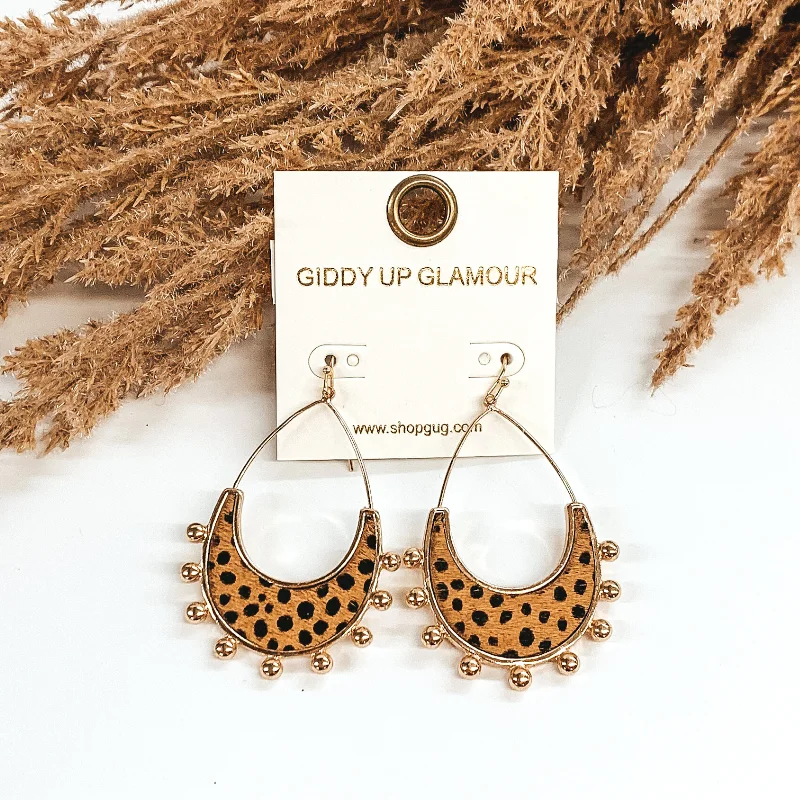 women diamond hoop earrings -Gold Teardrop Earrings with a Brown Dotted Print