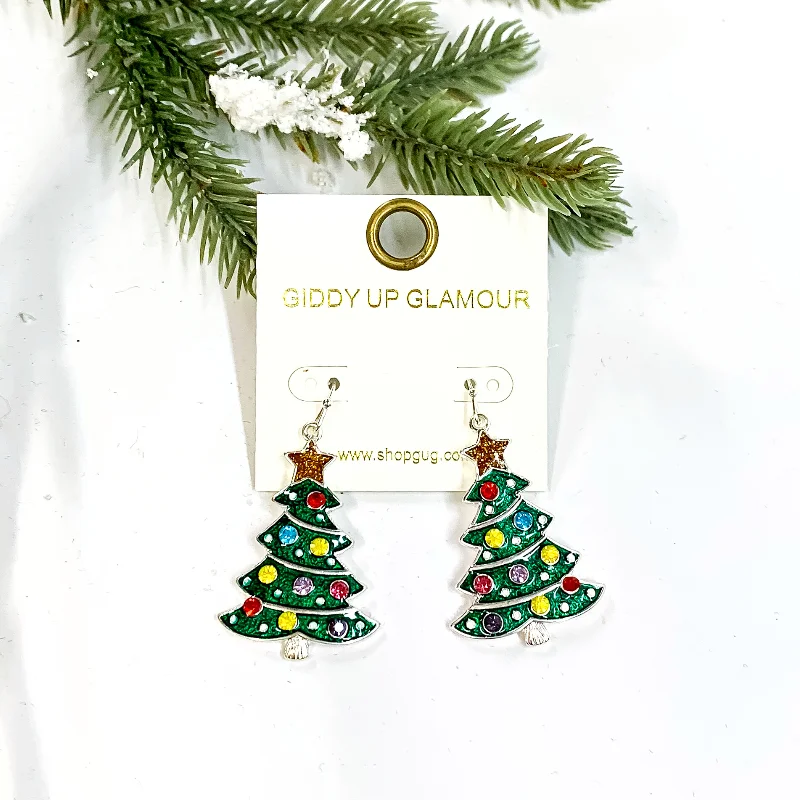 women gemstone drop earrings -Christmas Tree Epoxy Earrings with Gold Tone Star and Multicolor Rhinestones