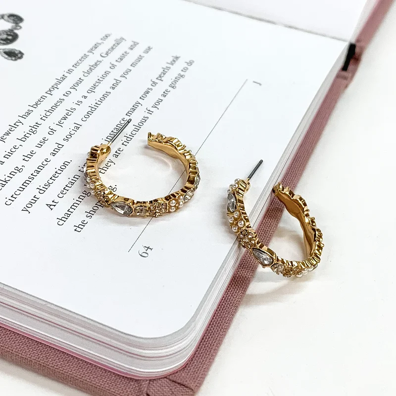 women chic earrings -Gold Tone Hoop Earrings with Grey and Clear Crystals