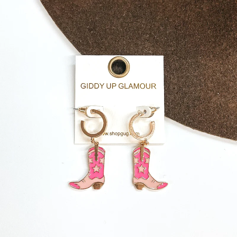 women wedding earrings -Gold Tone Hoop Huggie Earrings with Hanging Boot Pendant in Pink