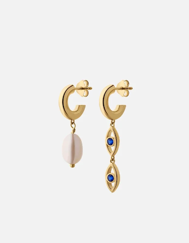 women gold-plated earrings -Evil Eye Hoop Earrings, Gold Vermeil/Spinels & Pearls