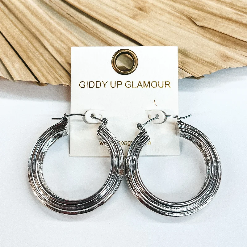 women intricate earrings -Night In The City Thick Textured Lined Hoops in Silver