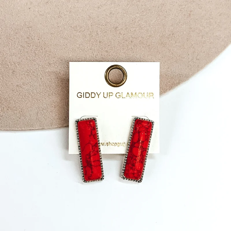 women antique earrings -Medium Rectangle Faux Stone Silver Tone Earrings in Red