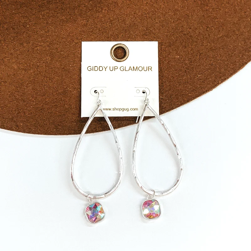 women silver-plated earrings -Large Hammered Teardrop Earrings with AB Hanging Crystal in Silver