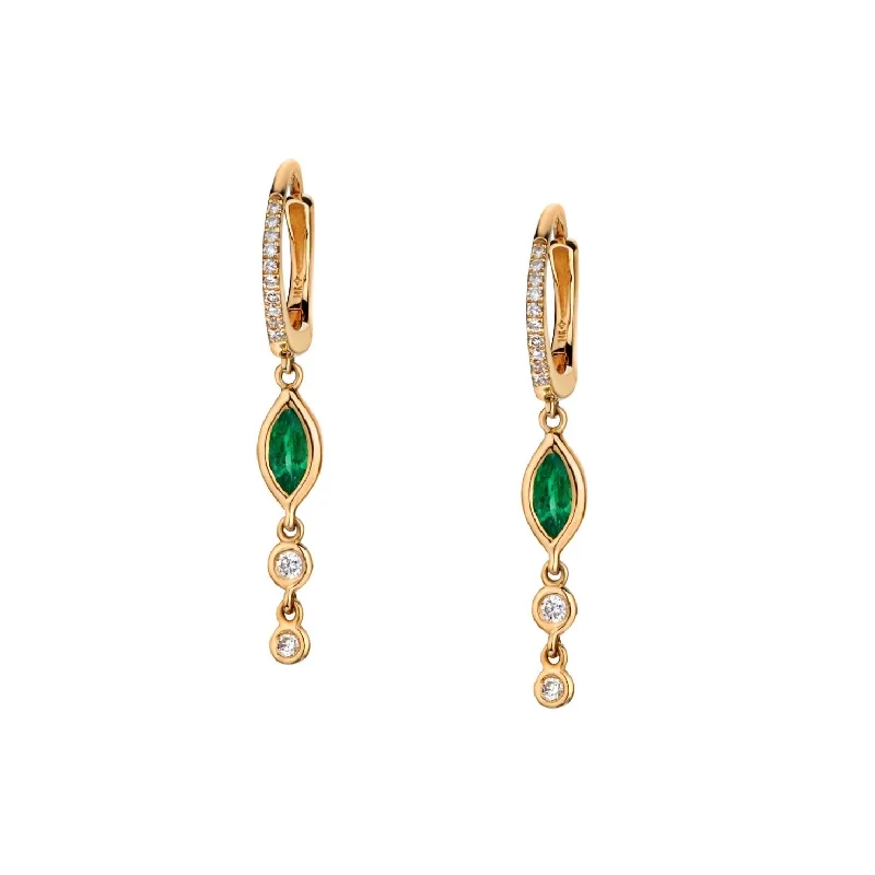 women geometric stud earrings -BEZEL SET EMERALD & DIAMOND CHAIN HUGGIE EARRINGS