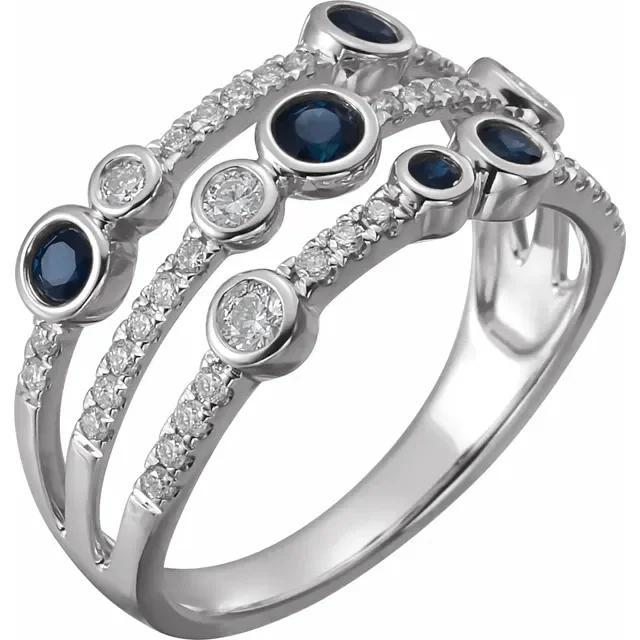 women leather engagement rings -14KT WHITE GOLD 0.44 CTW SAPPHIRE & 3/8 CTW DIAMOND BEZEL-SET 3 ROW RING