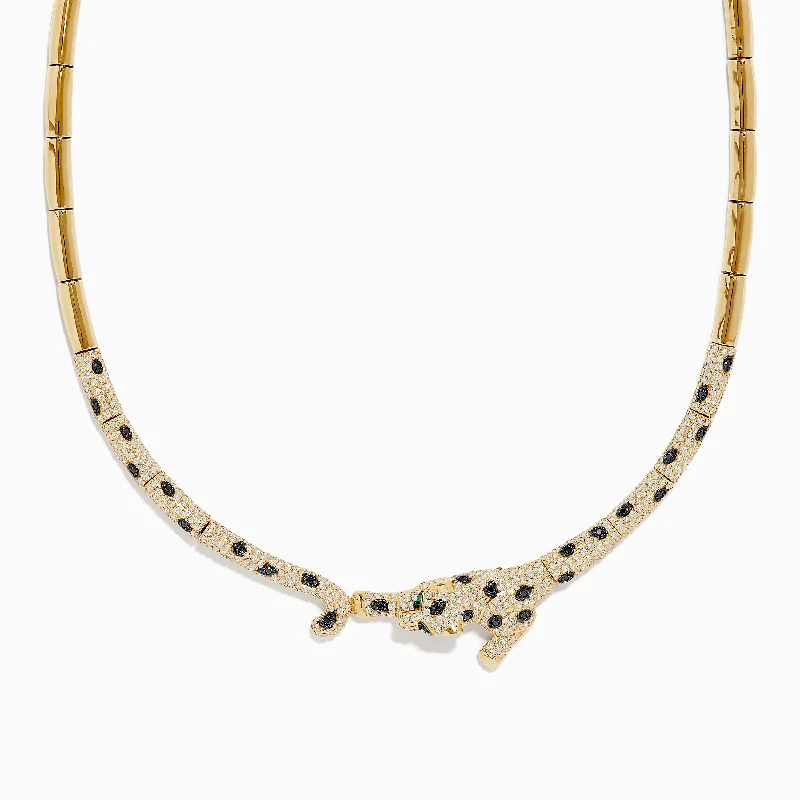 women double-layer necklaces -Signature 14K Yellow Gold Diamond and Emerald Panther Necklace