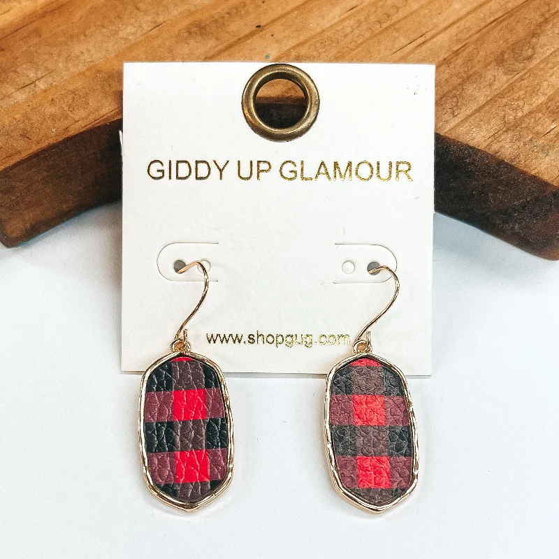 women statement earrings -Rectangular Gold Drop Earrings in Red and Black Buffalo Plaid